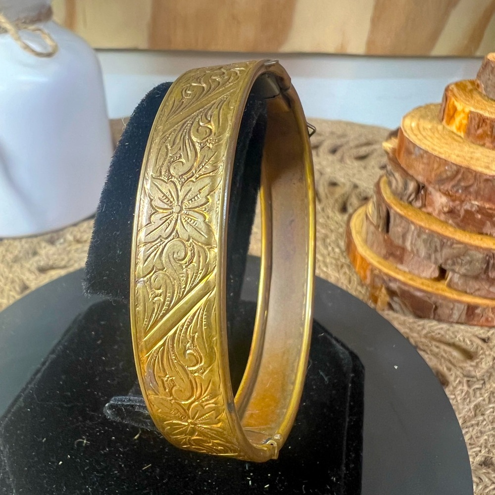 Vintage Brass Cuff Bracelet Engraved Floral Etched Design Boho Western Eclectic